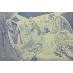  Richard Edward Clarke (British 1878-1954): 'The Party', watercolour signed 35cm x 52cm Notes: Clarke born in Scarborough studied under Albert Strange at the Art School where later he became acting Headmaster, also teaching at Pickering Grammer School   DDS - Artist's resale rights may apply to this lot  