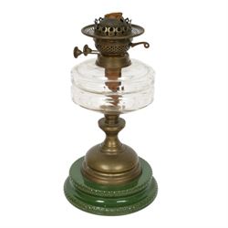 Silvered ceiling light with etched drop shade together with oil lamp with clear glass reservoir, ceiling lamp H38cm