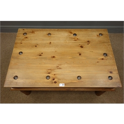  Mexican pine coffee table, studded top, turned supports, W90, H43cm, D60cm  