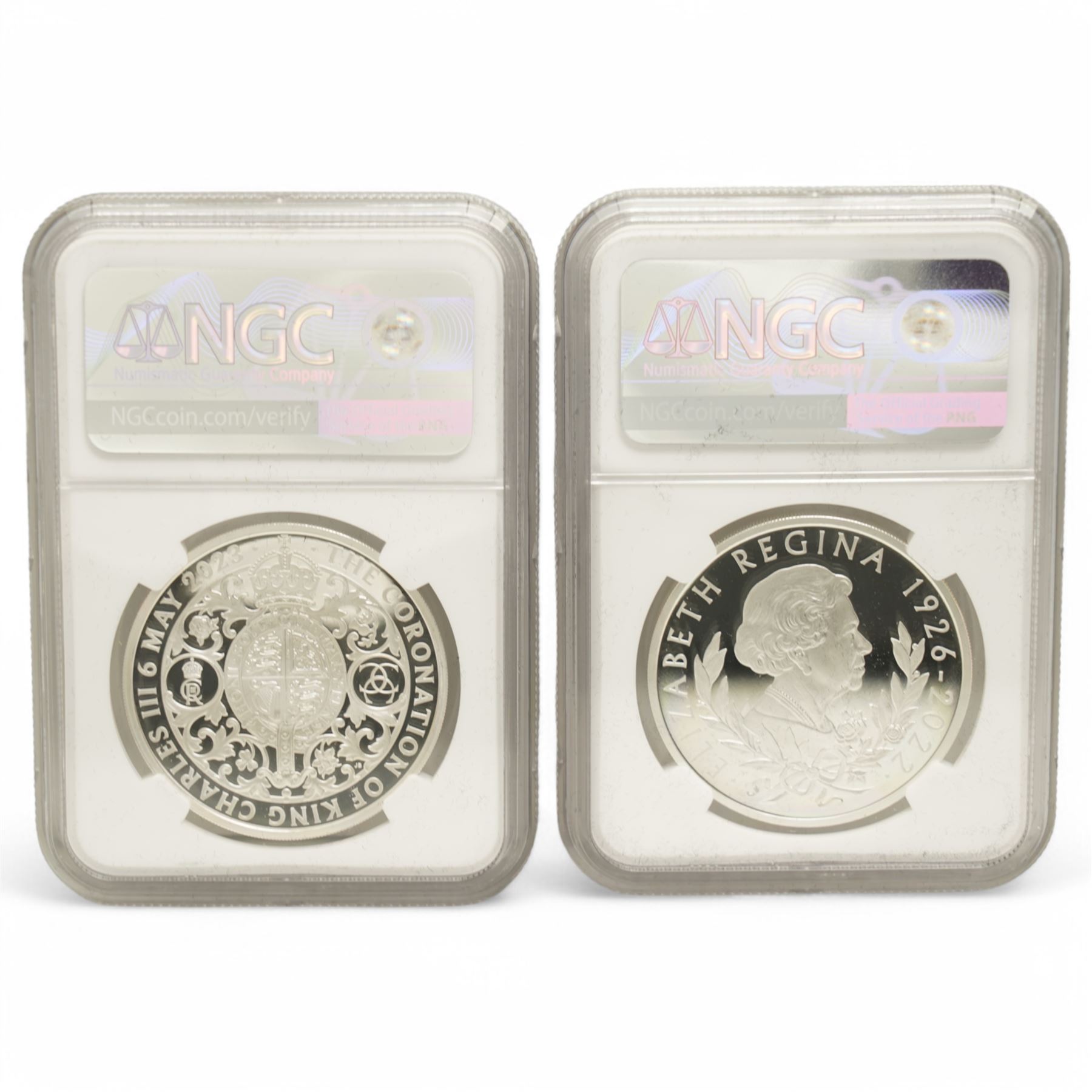 The Royal Mint United Kingdom 'His Majesty King Charles III Silver Proof Effigy Set' comprising 2022 and 2023 silver proof two pound coins each encapsulated and graded 'PF 70 Ultra Cameo' by NGC, cased with certificate
