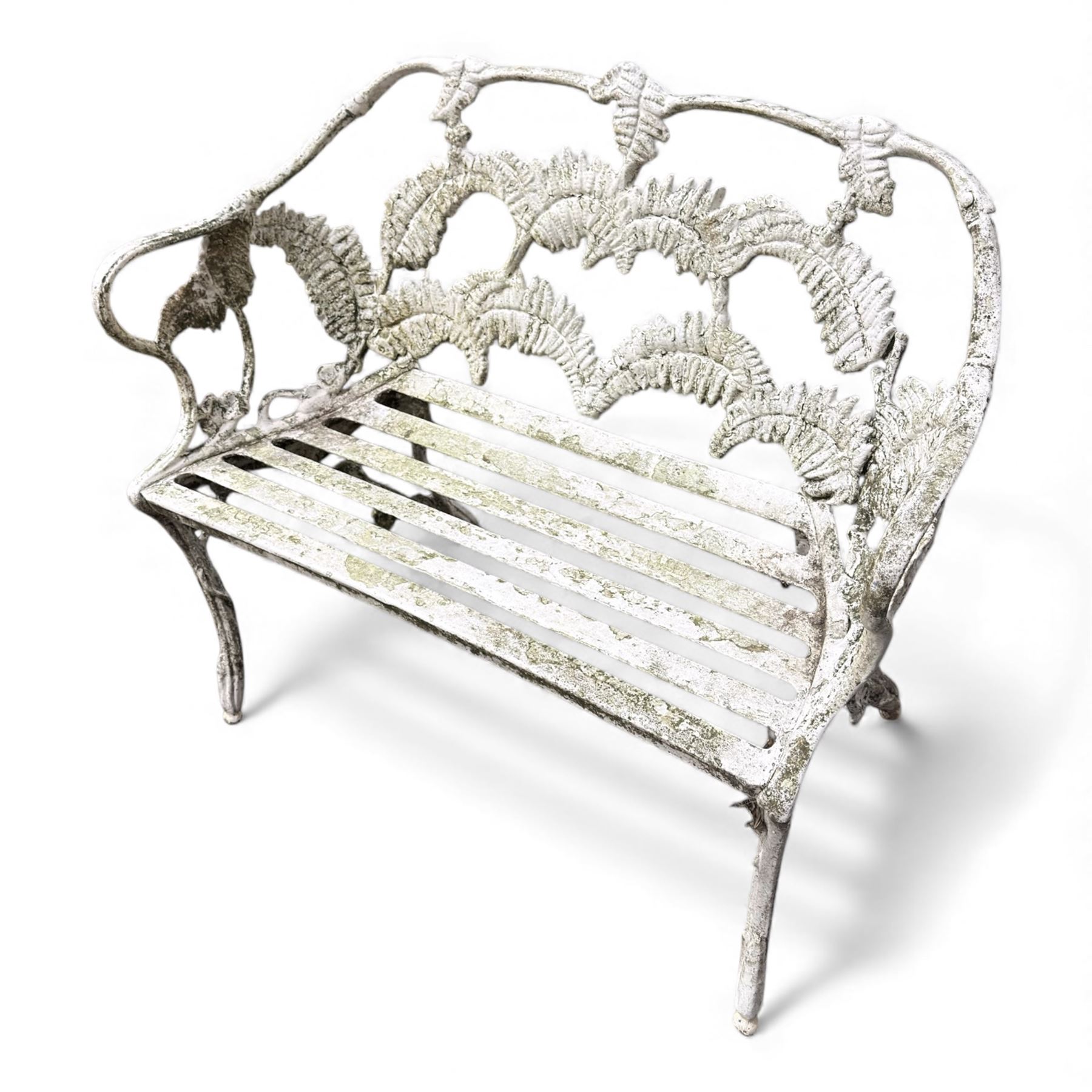 Pair of cast aluminium white painted Coalbrookdale design 'fern and blackberry' garden benches