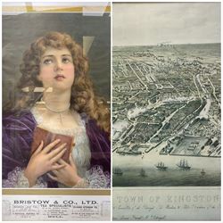 Edwardian shop advertising calendar for Bristow & Co. Ltd Tea Specialists of Hull 1905 depicting a half length portrait of a pensive young lady entitled 'Our Father', 73 x 47cm, oak and gilt frame and After J Stead (British 20th century): 'Bird's Eye View of the Town of Kingston-upon-Hull', reproduction lithograph pub. 1990, 49cm x 87cm (2). NOW UNFRAMED. 