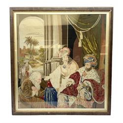19th century Berlin tapestry depicting interior scene of figures conversing in a oak frame, H77cm