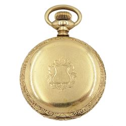 Early 20th century 14ct gold open face keyless lever fob watch by American Watch Co, Waltham, No. 7203573, white enamel dial with Arabic numerals and outer minute ring, case with engine turned and engraved foliate decoration and cartouche by Fahys, stamped 14K