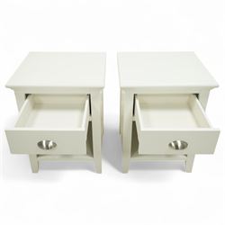 Barker & Stonehouse - pair of Carrington white bedside chests, each with moulded rectangular top over single drawer with brushed steel cup handle, open shelf below, on bracket feet