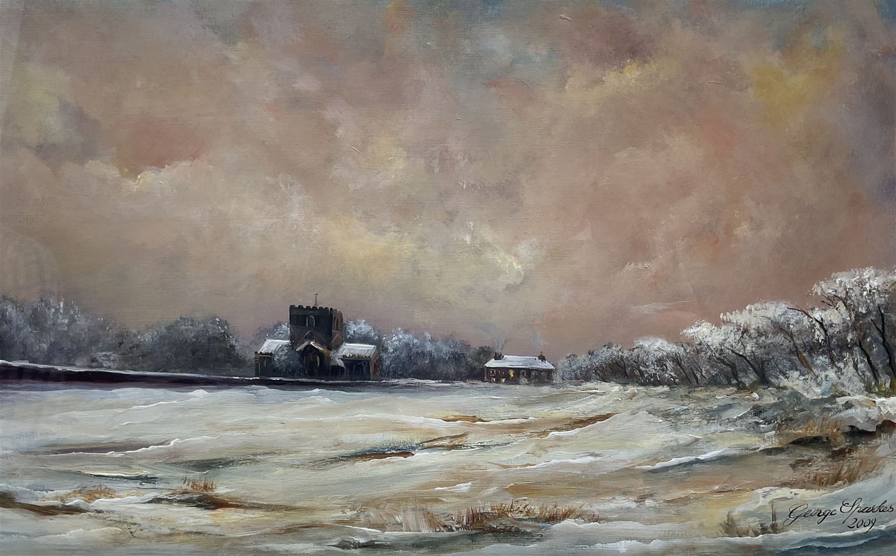 George Sparkes (Yorkshire Contemporary): 'St Oswald's Church Filey', oil on board signed and dated 2009, titled on presentation card 28cm x 46cm