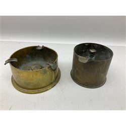 Trench Art - three WW2 brass shell case ashtrays, one mounted with Royal Artillery cap badge and button and one mounted with RA button; together with a pair of place name holders each formed from a Royal Artillery cap badge (5)