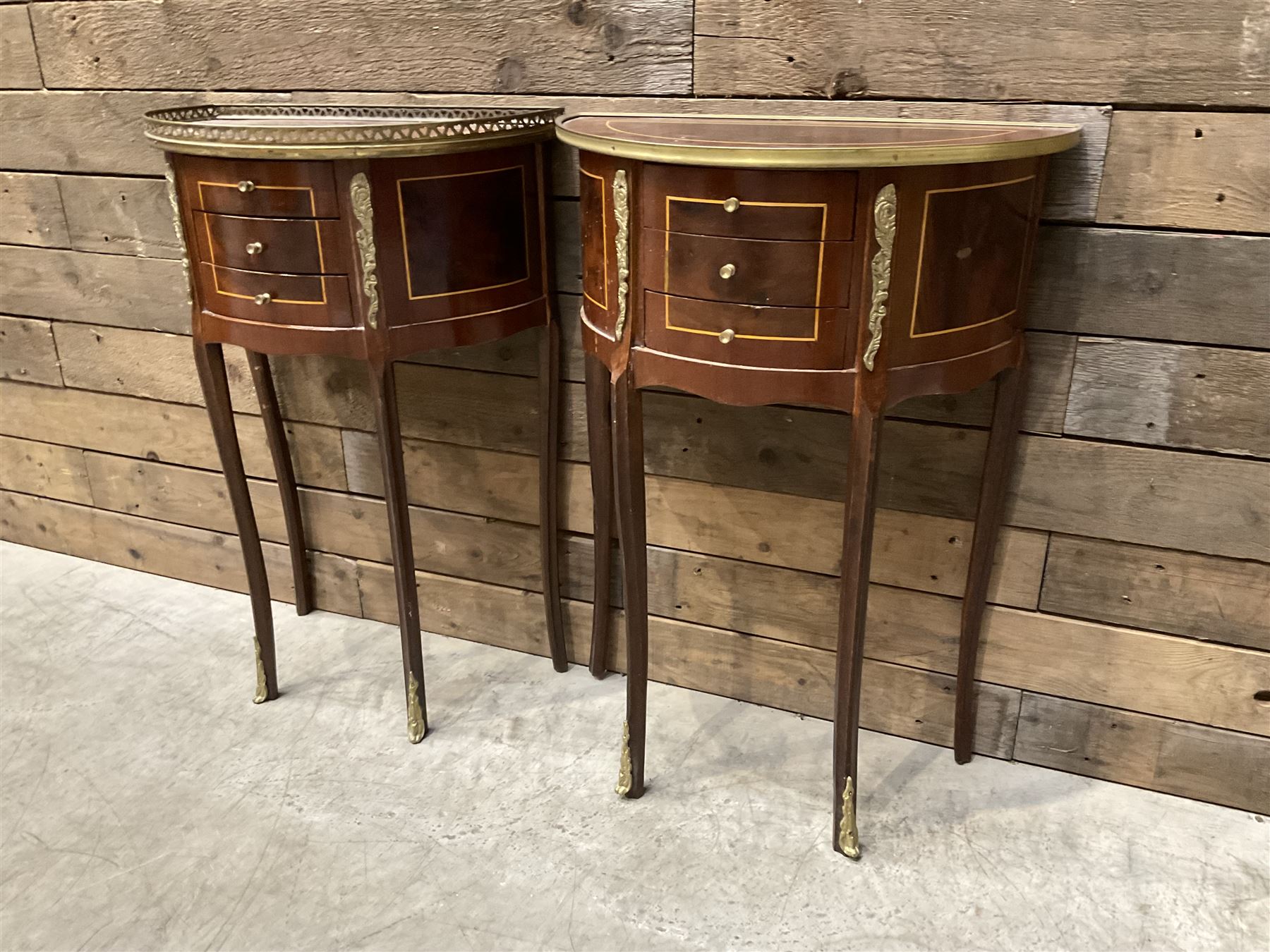 Pair French Louis XVI design demi lune side table, three drawers, on shaped cabriole legs