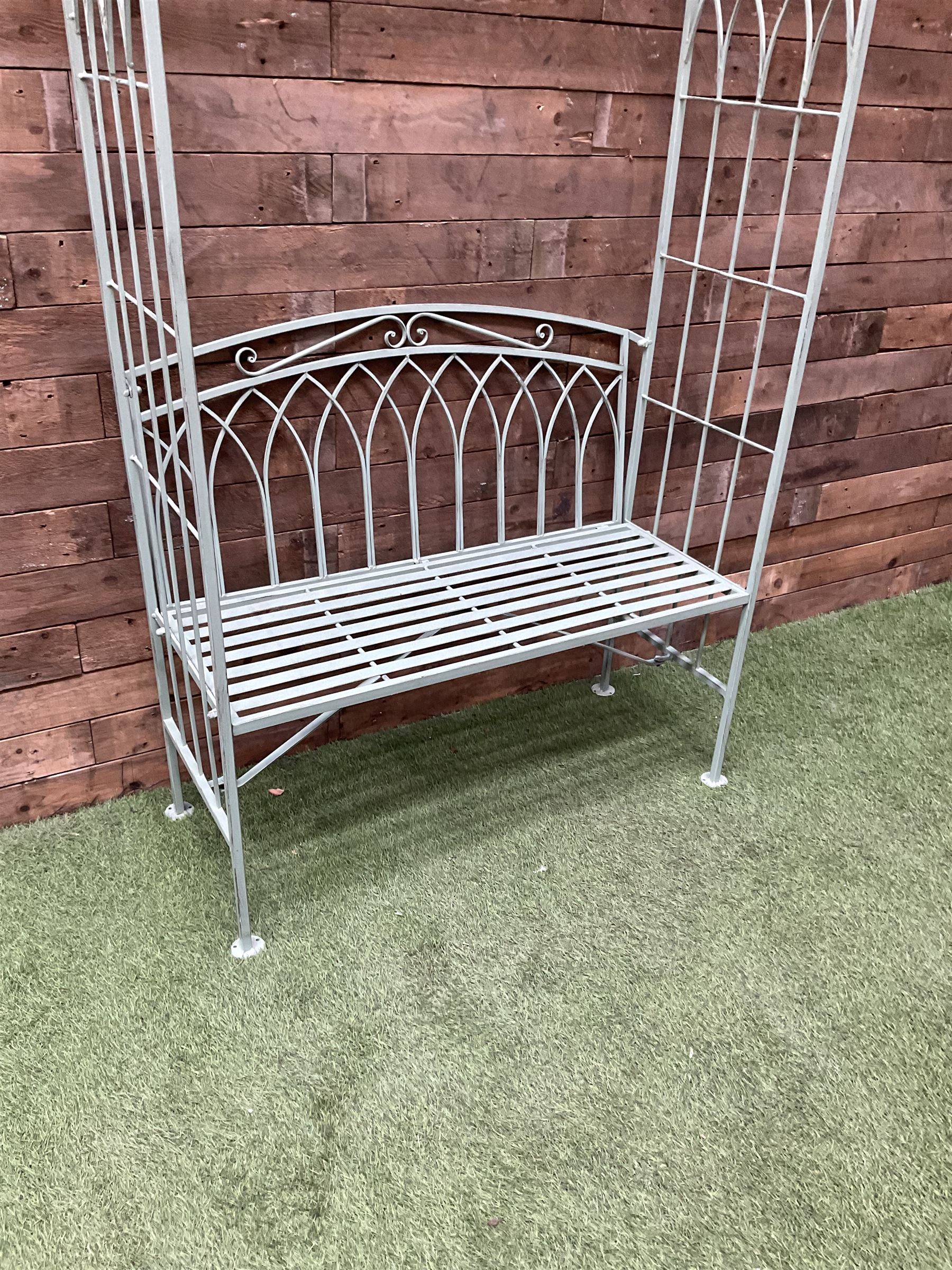 Regency design wrought metal arch and bench, decorated with arched gothic window design, strap seat and straight supports, in teal finish - THIS LOT IS TO BE COLLECTED BY APPOINTMENT FROM DUGGLEBY STORAGE, GREAT HILL, EASTFIELD, SCARBOROUGH, YO11 3TX