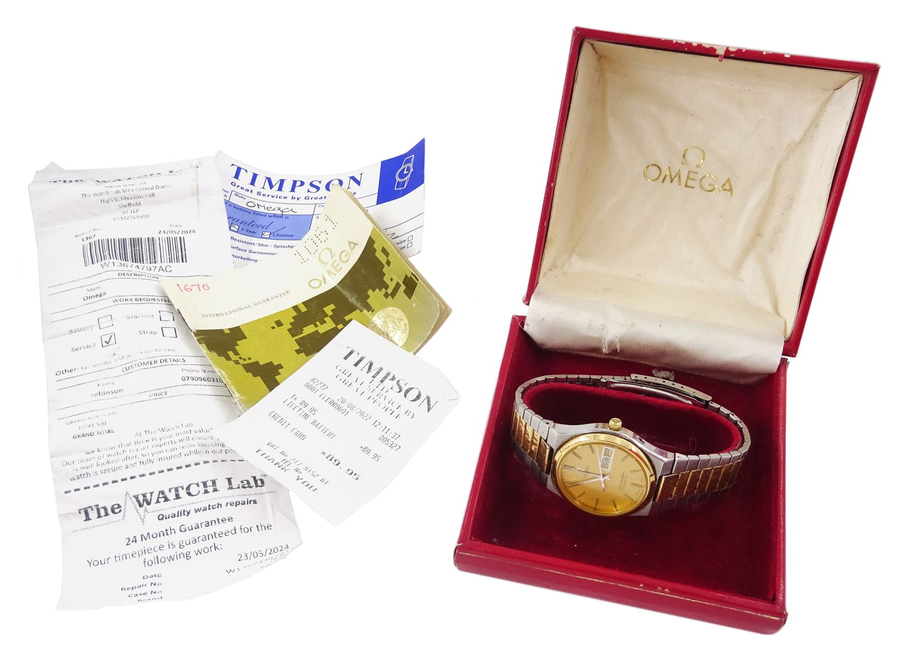 Omega Seamaster gentleman's quartz wristwatch, backcase No. 1345, champagne dial with baton hour markers and day / date aperture, boxed with papers