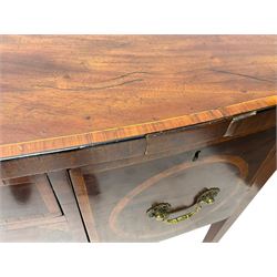 19th century inlaid mahogany bow-front sideboard, satinwood banded top over three drawers, on square tapering supports with spade feet