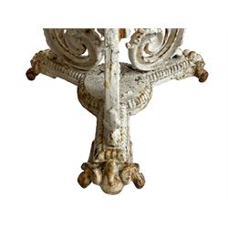 Coalbrookdale design - 19th century cast iron and cast alloy garden table, circular top with beaded edge pierced with scrolls, the pedestal decorated with scrolling and foliate motifs triple arm platform bass with scrolled feet
