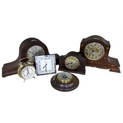 Barometer and spring driven mantle clock, oak striking mantle clock, mahogany cased Westminster striking clock, spring wound mantle clock and twin bell alarm clock