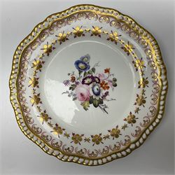 Six early 19th century Spode Felspar Porcelain dessert plates, hand painted with floral sprays to the centre contained within stylised gilt borders, with printed marks verso and painted iron red number 4033, the gilt borders, D22cm