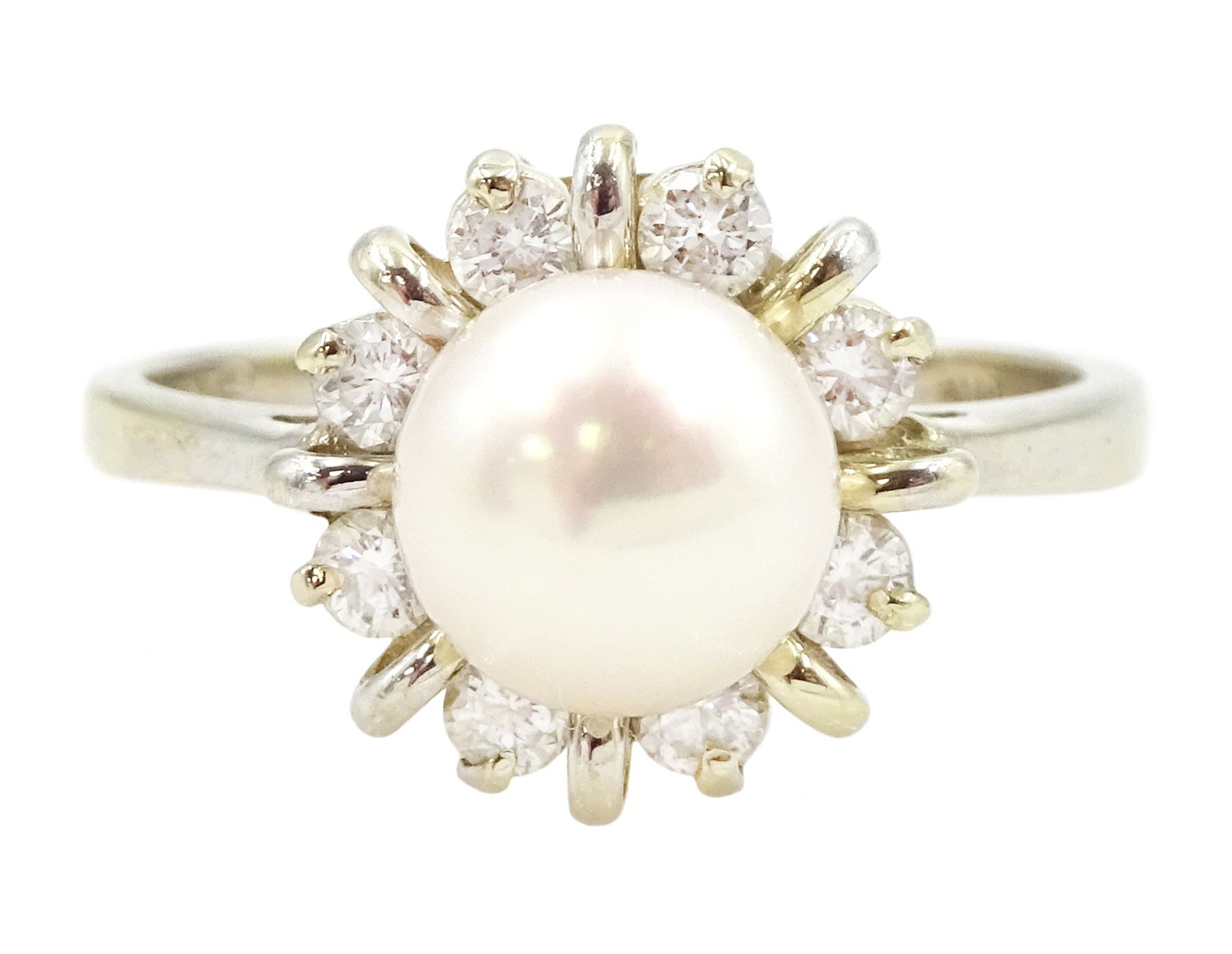 14ct gold cultured pink / white pearl and round brilliant cut diamond cluster ring, stamped, total diamond weight approx 0.40 carat
