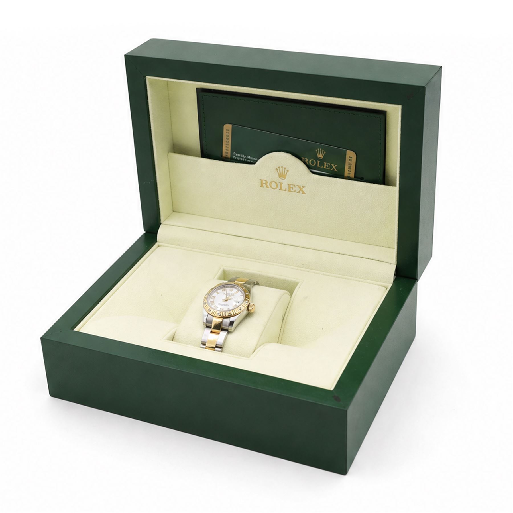 Rolex Oyster Perpetual Datejust ladies stainless steel and gold automatic wristwatch, circa 2009, Ref. 179313, serial No. V739209, white dial with Roman numeral hour markers and 18ct gold diamond set bezel, on gold and stainless steel and gold Oyster bracelet, with fold-over clasp, boxed with papers