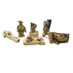 Group of six ivorine netsukes, modelled as various figural and mythological subjects, all with character signatures 
