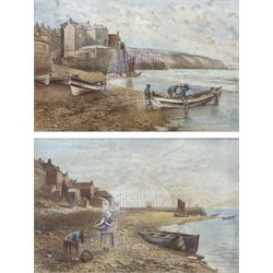 Kate E Booth (British fl.1850-1898): 'Low Tide - Yorkshire Fisherfolk' and 'Robin Hood's Bay - Yorkshire', pair watercolours signed and titled 33cm x 51cm (2)