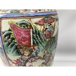Large 19th century Chinese Canton famille rose vase, decorated in polychrome enamels with panels of warriors and elders, against a ground decorated with blossoming flowers and birds, the shoulders and neck with applied foo dogs and serpents, H61.5cm