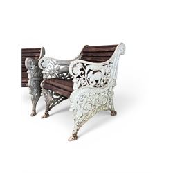 Pair of unusual Victorian revival heavy cast iron garden chair benches, ornate scrollwork detail with squirrels and nature, serpentine wood slatted seat and back - design by George Smith at the Sun Foundry, Glasgow