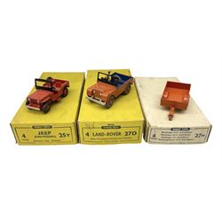 Dinky - trade shop stock box containing four Universal Jeeps No.25Y; and two others containing four Land-Rover Trailers No.27M and three (ex.4) Land-Rovers No.27D (3)