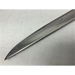 Early 19th century French Lancers officer's sword c1810, the 84cm curving fullered blade retaining most of its bluing, gilding and engraved decoration, inscribed I.S.& C. to ricasso (for Schimelbusch), brass three-bar hilt with elongated elliptical langets and wire-bound leather grip; in polished steel scabbard with two brass suspension rings L100cm overall