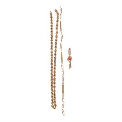 9ct gold jewellery oddments, including stone set brooch front and two chains
