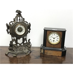  Late Victorian oak case mantel clock with Ansonia striking movement, another retailed by Fattorini & Sons Bradford, another, and a metal case mantel clock, H41cm max (4)  