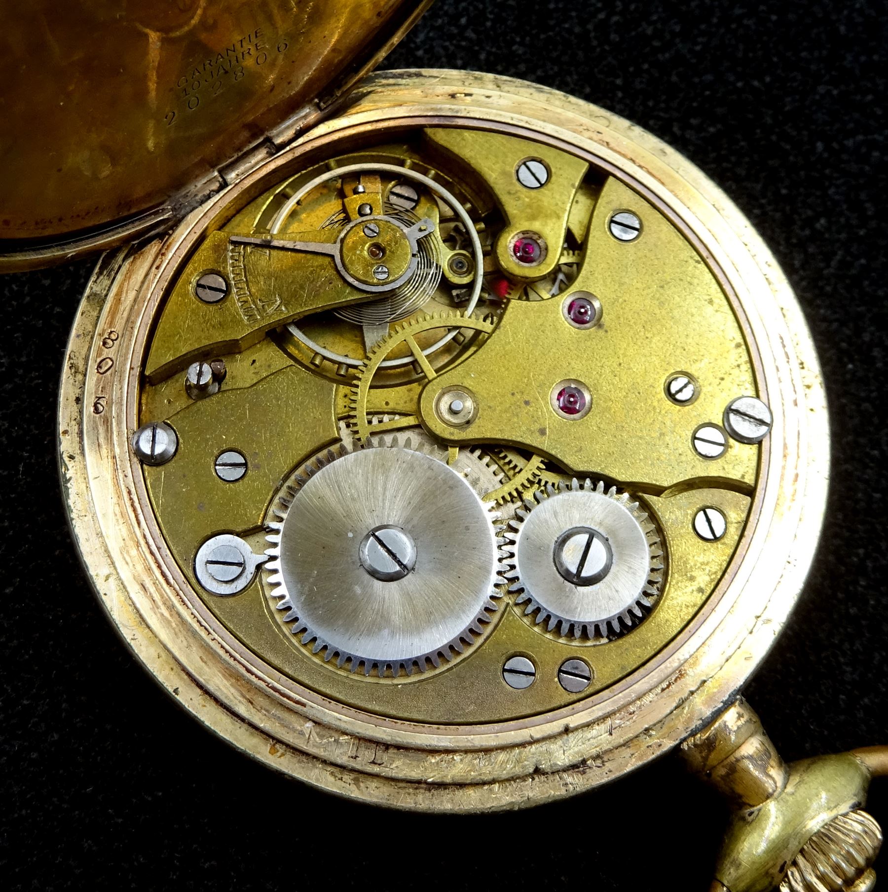 Early 20th century silver tapering Albert chain with fob and brass seal fob and a gold-plated full hunter lever pocket watch by Drusus