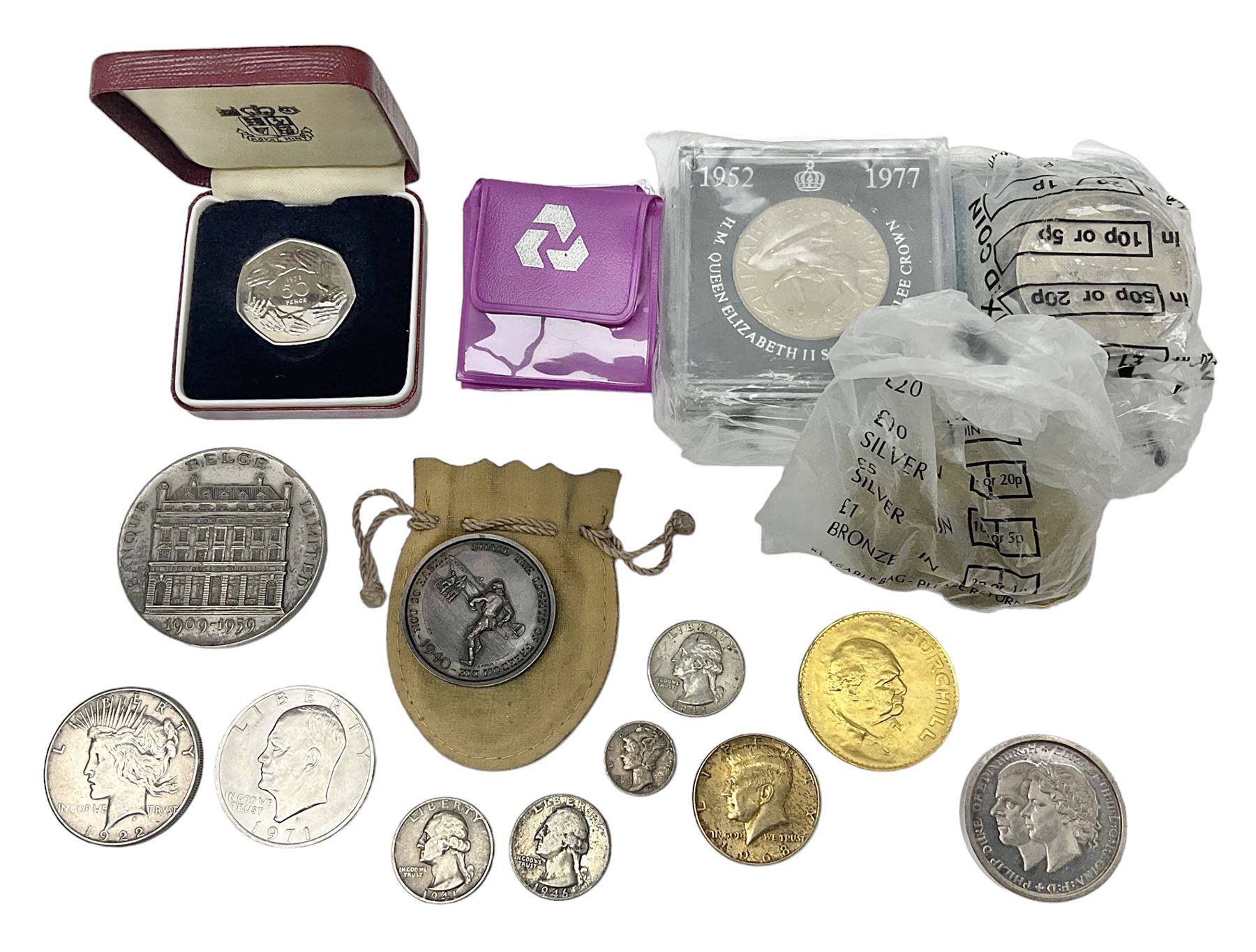 United States of America 1922 peace dollar, 1971 dollar coin, various commemorative crowns, commemorative medallions etc