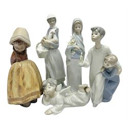 Four Lladro figures, including Girl With Cockerel no 4591, Gres Lonely no 2076 etc together with Nao figure 