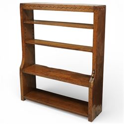 Mouseman - Circa 1920s/1930s oak open back 3ft bookcase, the adzed top with scalloped deta...