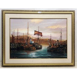 Peter Gerald Baker (British 20th century): Fishing Fleet in Scarborough Harbour, oil on canvas signed 48cm x 68cm