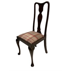 Mixed set of twelve early 20th century mahogany Queen Anne style dining chairs, all with shaped vase backs and cabriole front supports, matching drop-in seats upholstered in tartan patterned fabric