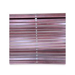 Large late Victorian cast iron garden bench, serpentine form with scroll back and seat, slatted with mahogany stained Sapele