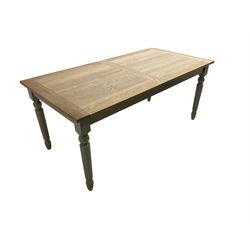 Neptune - 'Suffolk' 8-12 seat extending dining table, rectangular oak with breadboarded ends, on light grey finish base with turned supports, three additional leaves