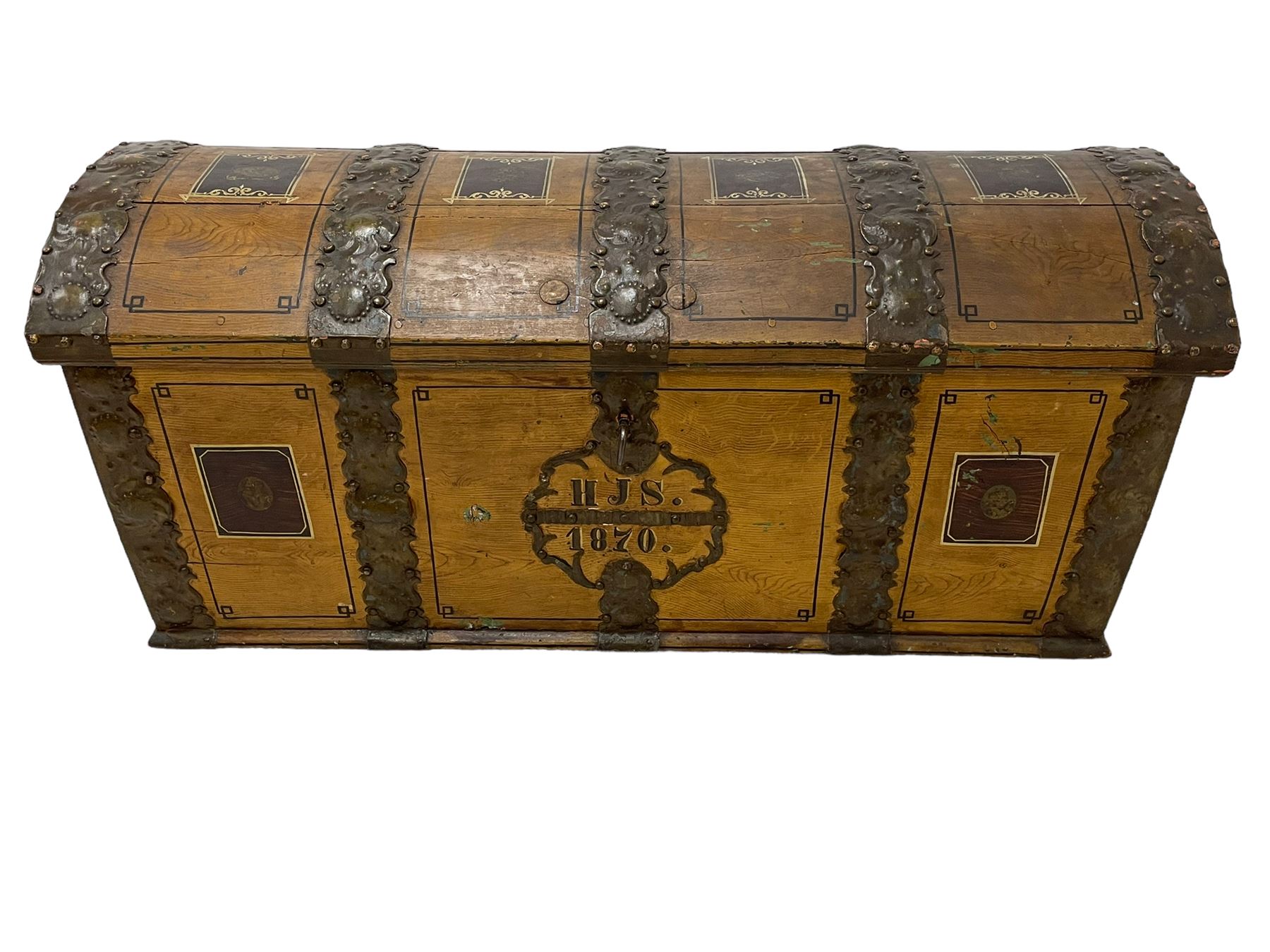 19th century painted oak sea chest, hinged dome top enclosing small compartment, bound by shaped and pressed metal strapwork, scumbled finish to resemble oak and painted with small vignettes depicting portraits and landscapes within panels, fitted with large wrought metal carrying handles, the front inscribed 'H.J.S. 1870' 
