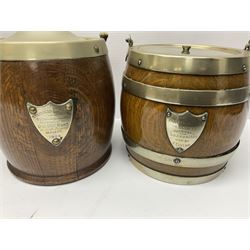 Five early 20th century biscuit barrels with silver-plated mounts, one made from Mahogany from HMS Hindustan