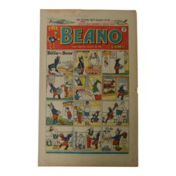 Seven 1940s and 50s The Beano comics, including 1941 issue no.166 propaganda war issue, with Big Eggo black-out cover, 1948 issue no.329, 1949 issue no.368, 1949 issue no.379, 1950 issue no.398,  1950 issue no. 424 and 1954 issue no. 603