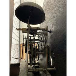 Robert Kneeshaw of Stokesley - 19th century 30 hour mahogany cased longcase clock c1820. with a swans necked pediment and brass paterie, break arch hood door with plain pilasters, inlaid trunk with canted corners, inlay and a wavy topped door, on a rectangular plinth with a shaped base, painted dial with floral spandrels and a depiction of a lady walking in the countryside, with Arabic numerals, non-matching steel hands, calendar aperture and an image of a bird of paradise to the centre, chain driven countwheel striking movement, with weight and pendulum.  