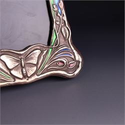 Pair of silver mounted Art Nouveau style photograph frames, with enamel butterfly and floral decoration, with wooden easel stands verso, stamped Sterling, H21cm