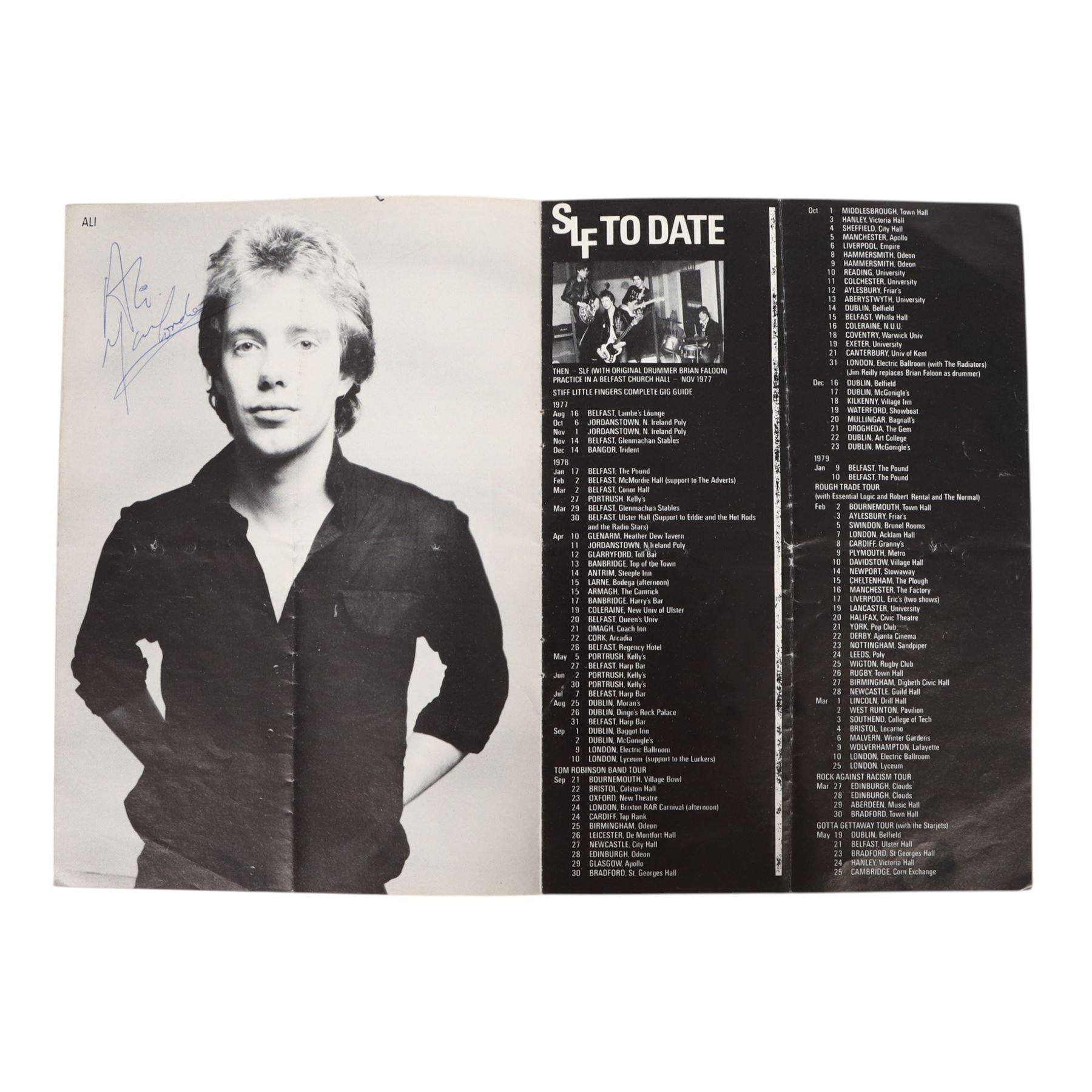 Signed Stiff Little Fingers promotional card, signed by four members of the band Jake Burns, Henry Cluney, Ali McMordie and Jim Reilly, two unsigned promotional cards,  'Go For It' 1981 tour programme and a collection of photographs from the gig