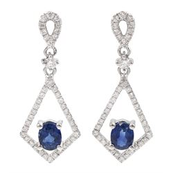 Pair of 18ct white gold oval sapphire and diamond kite shaped, pendant stud earrings, hallmarked