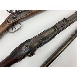 19th century Indian .577 Enfield muzzle loading rifle, proofed for 26-bore, the 98.5cm barrel with three barrel bands and later ram rod L140cm overall; 19th century Belgian side-by-side double barrel percussion shotgun, approximately 20-bore, with 74cm barrels and studded walnut stock, lock plate marked 'Liege 1868' and 'V. Gulikers-Maquinay' L117cm overall; and another side-by-side double barrel shotgun by Smythe with underlever opening (3)