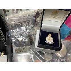 Commemorative and other coinage, including various Queen Elizabeth II 'London 2012 sports collection' fifty pence coins on cards, commemorative crowns, Millennium 2000 'Time Capsule' coin set, channel islands old round one pound coins, part sets etc