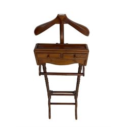Mahogany dumb-valet stand, fitted with two small drawers, on rope twist supports