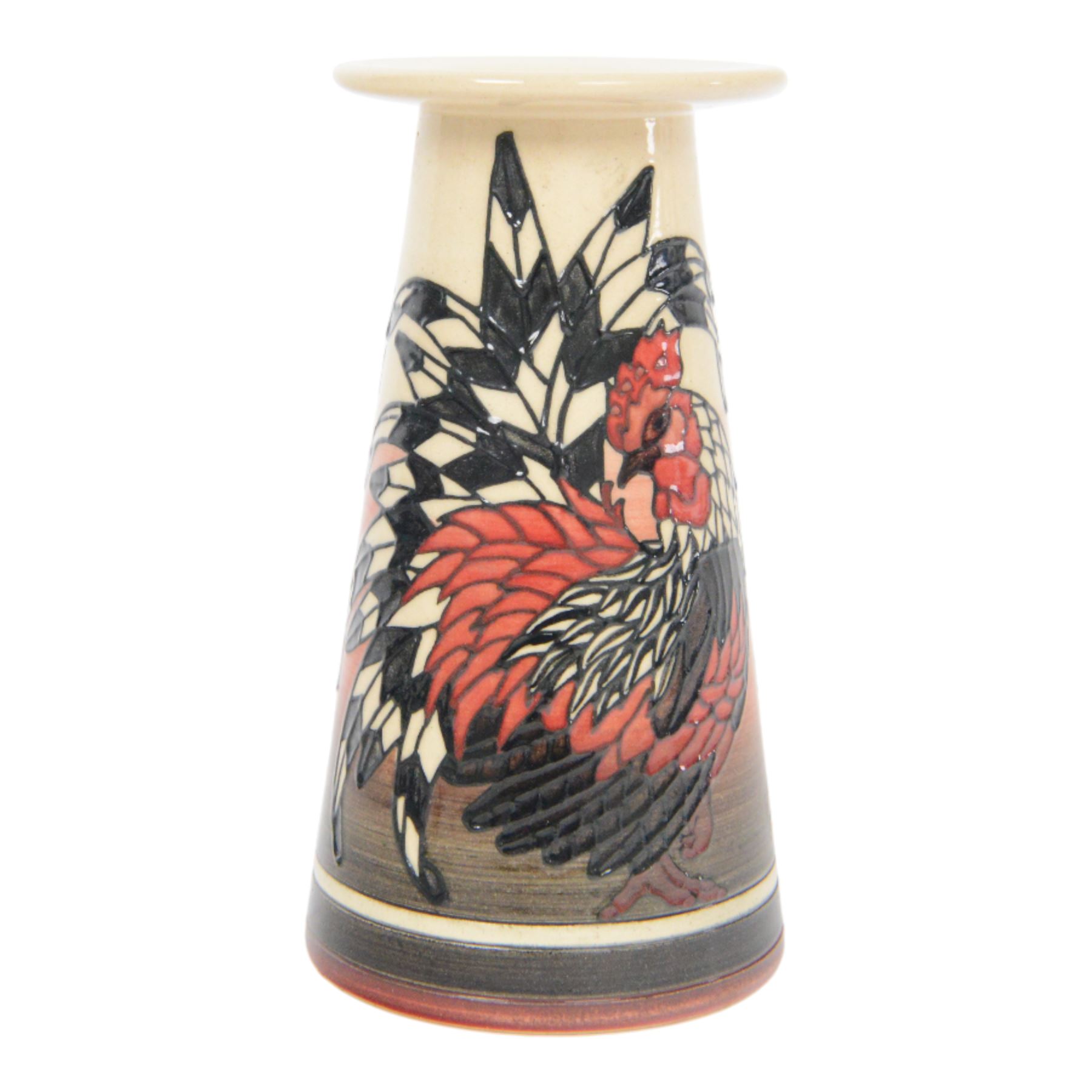 Dennis Chinaworks, Cockerels vase, by Sally Tuffin, signed, flared cylindrical form decorated with cockerels on a white and black ground, signed with printed marks beneath, H17cm