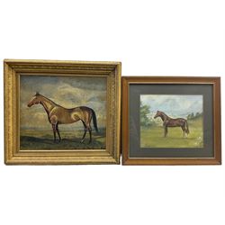 H Wilson (British 20th century): Bay Horse, oil on canvas laid on to board signed and dated 1949, 32cm x 37cm; R Worden (British 20th century): Horse in a Landscape, gouache signed 23cm x 28cm (2)