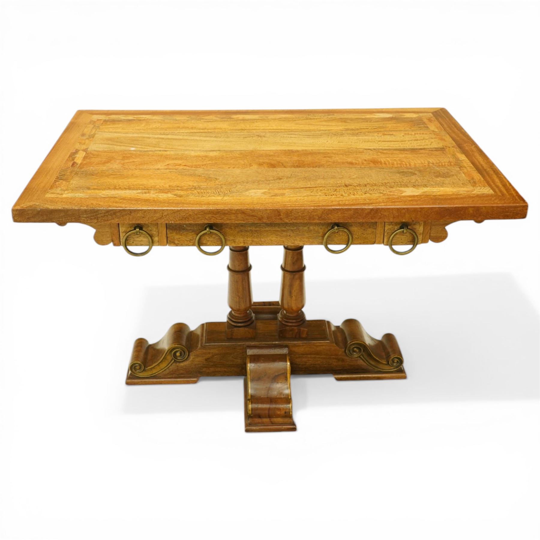 Baker Furniture - 'Baluster' range mango wood hall table, with three frieze drawers with hooped pulls, raised on a quatriform base