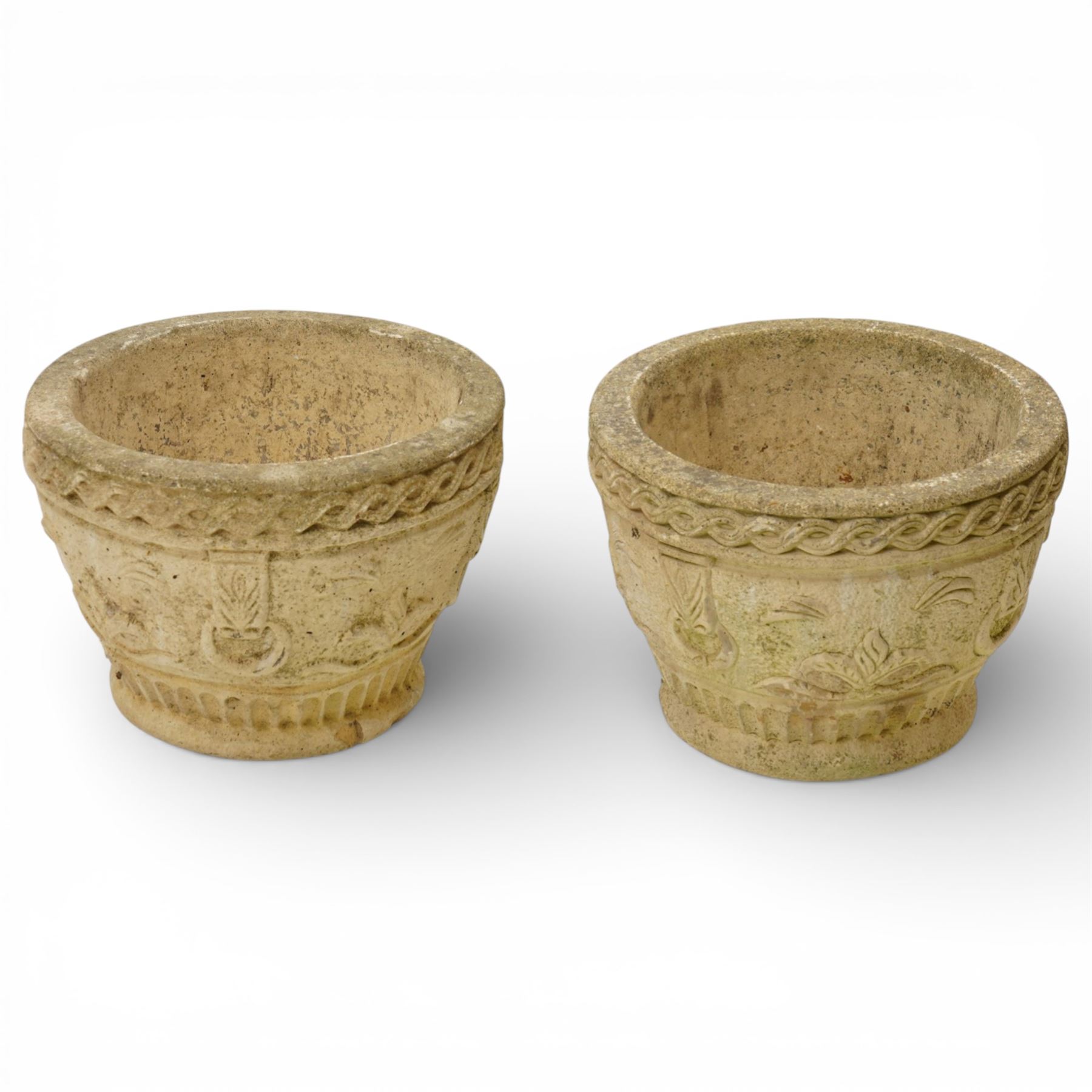 Cotswold Studios - set of two cast stone garden round planters with stylised floral and ropework borders (H 24cm, D 34cm)